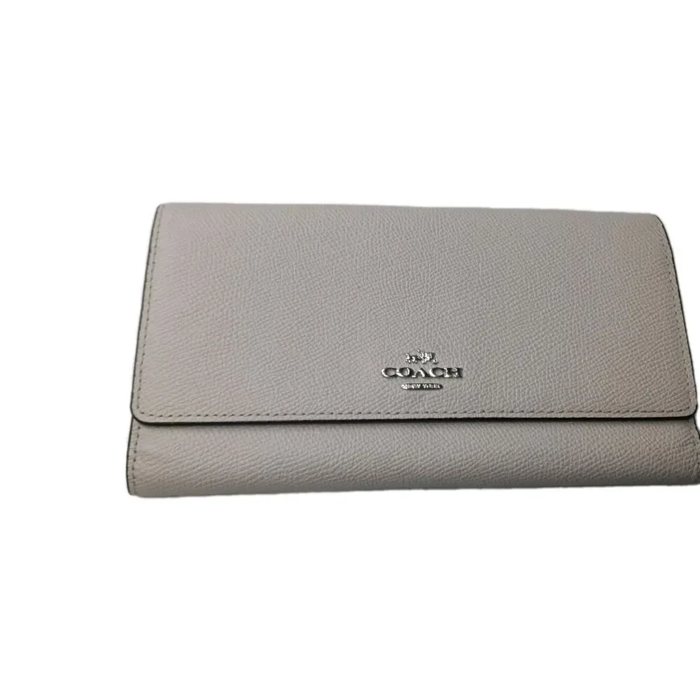 Coach Slim Trifold Wallet Taupe Brown/Gray Refined Pebble Leather